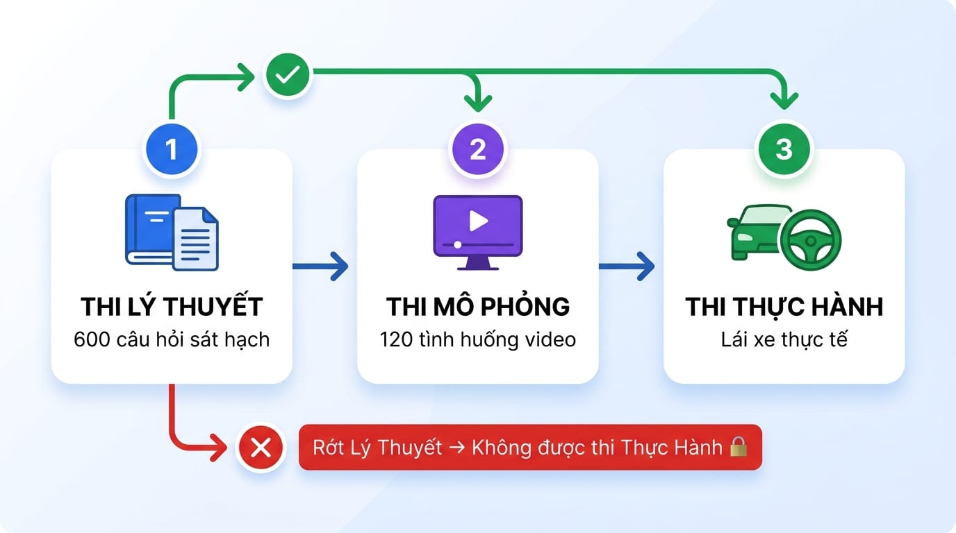 Lộ trình thi sát hạch lái xe: Thi Lý Thuyết → Thi Mô Phỏng → Thi Thực Hành. Rớt lý thuyết không được thi thực hành.
