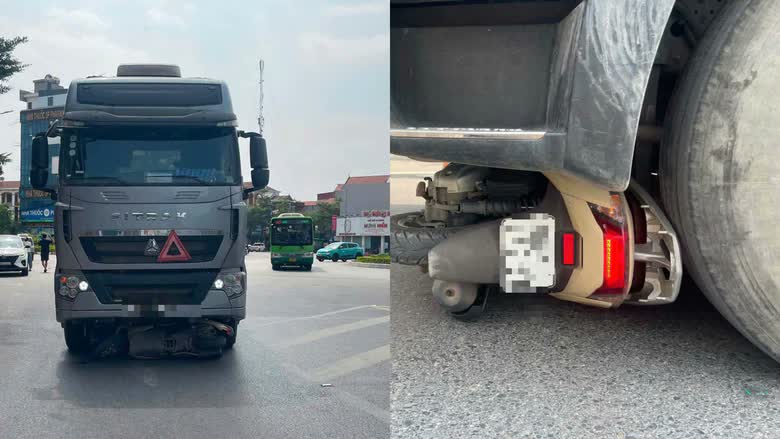 Xe tải chở gạch và chiếc xe máy bị cuốn vào gầm tại vòng xuyến xã Văn Giang, Hưng Yên