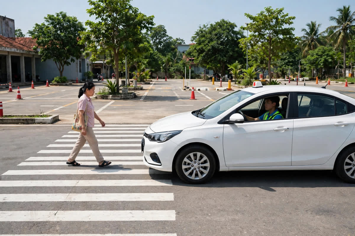 Học viên lái xe dừng đúng vạch trước lối đi bộ trong sân sát hạch, người đi bộ đang sang đường phía trước