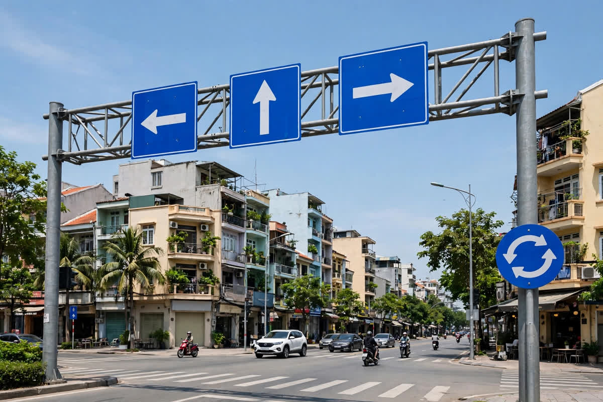 Minh họa: Biển báo chỉ dẫn làn đường mũi tên trắng trên nền xanh tại nút giao đô thị