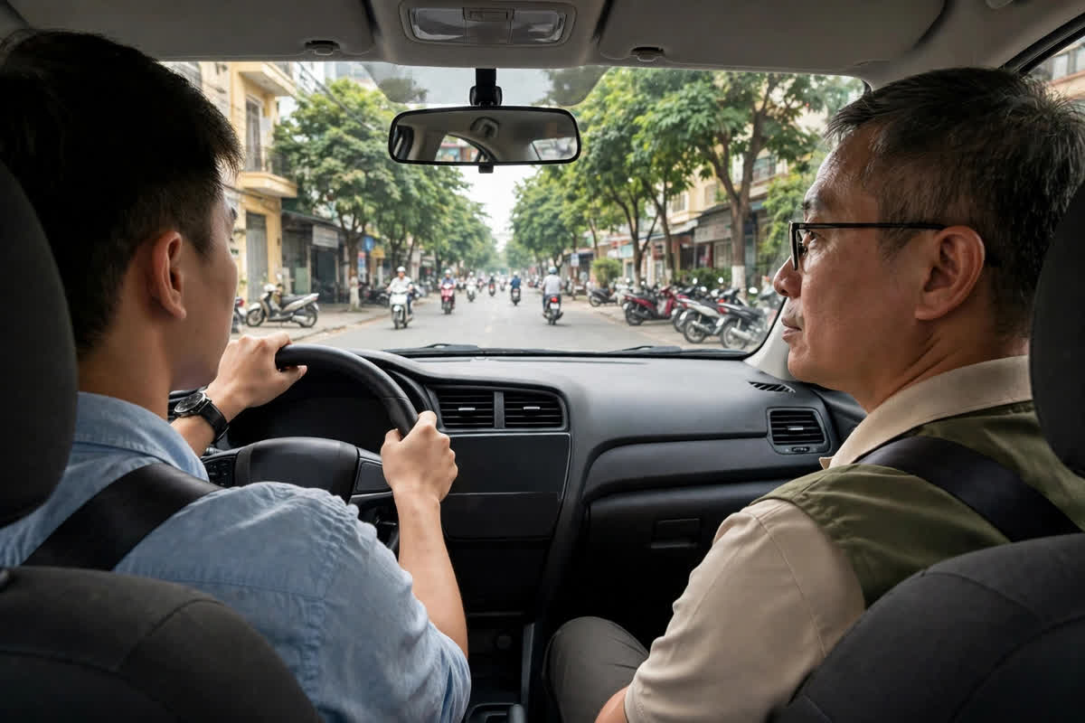 Học viên lái xe ô tô trên đường trường cùng sát hạch viên ngồi ghế phụ