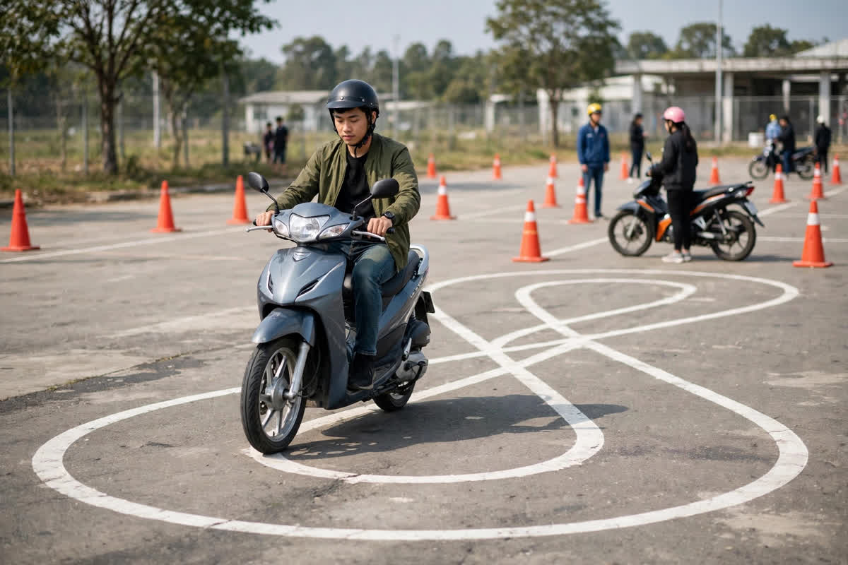 Học viên lái xe máy thi sa hình vòng số 8 trên sân sát hạch